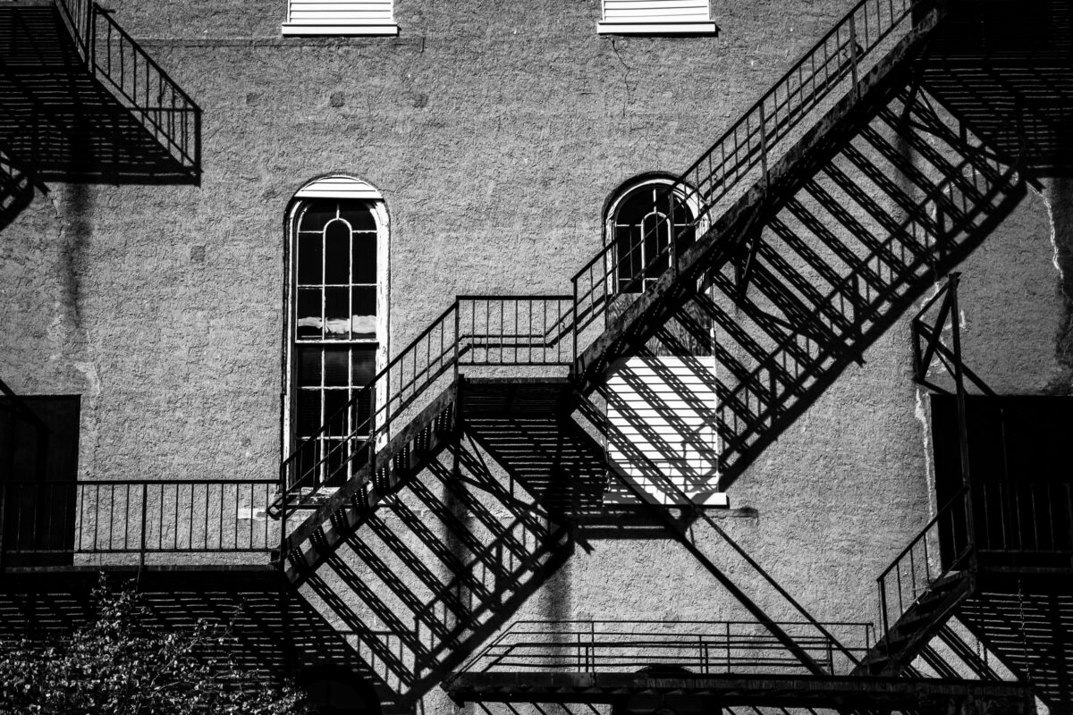 black and white image of a fire escape in phoenixville, pennsylvania